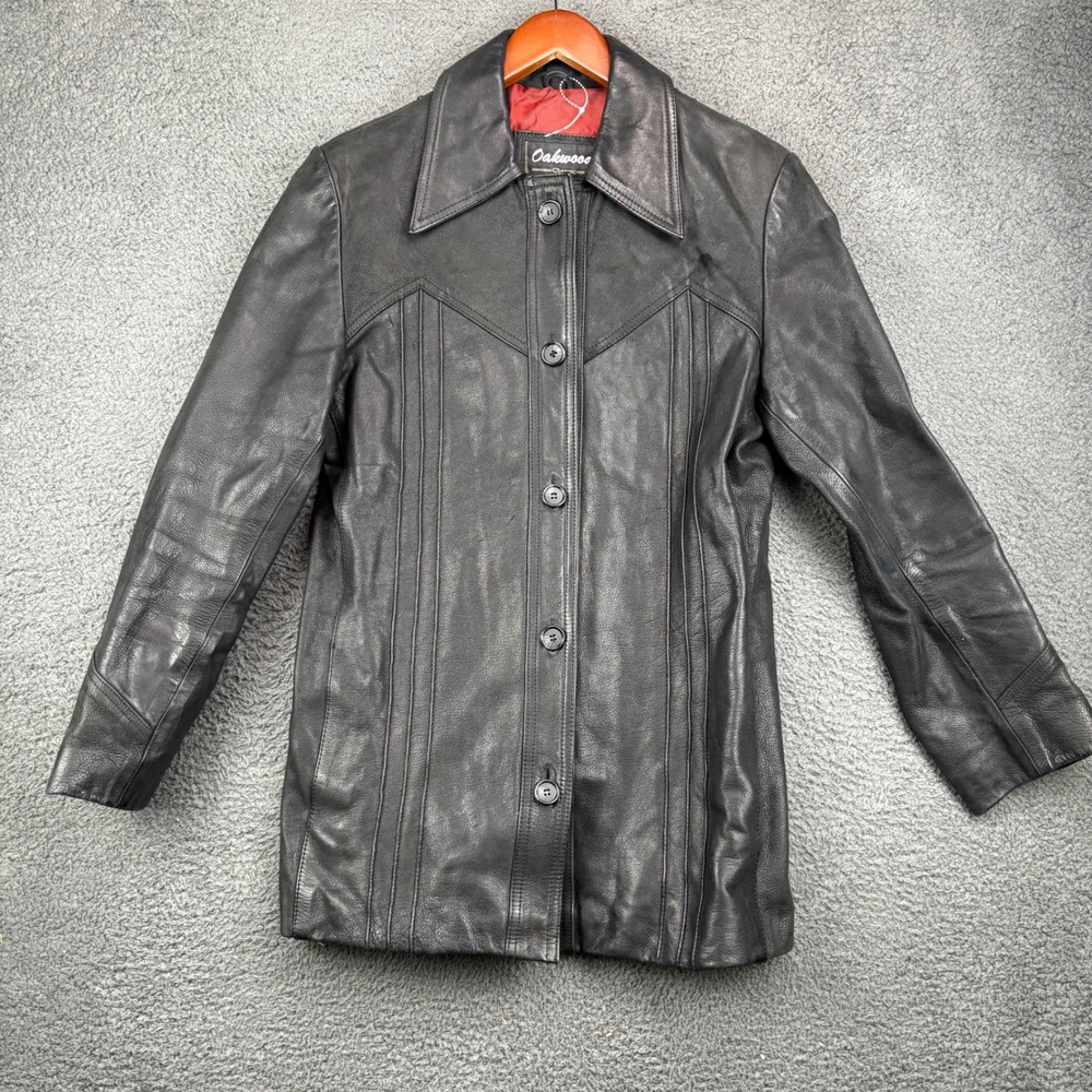 Oakwood Classic Womens Black Leather Jacket Button Front Blazer‎ Size L